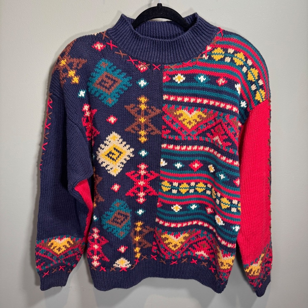 Vtg 90s Large Colorblock Fair Isle Geometric‎ Hand Knit Eclectic Retro Sweater